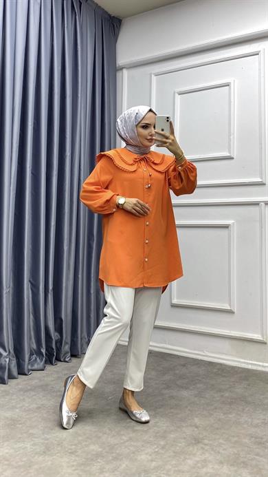 Yakası Dantelli Tunik Turuncu 