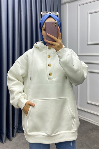 Yakası Düğme Detaylı Üç İplik Sweat Beyaz