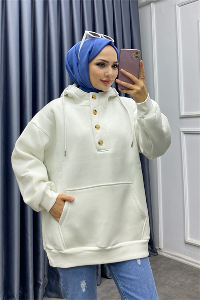 Yakası Düğme Detaylı Üç İplik Sweat Beyaz