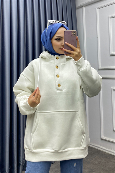 Yakası Düğme Detaylı Üç İplik Sweat Beyaz