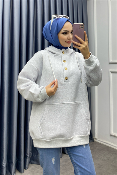 Yakası Düğme Detaylı Üç İplik Sweat Gri