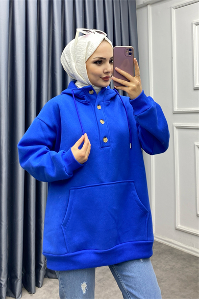 Yakası Düğme Detaylı Üç İplik Sweat Mavi
