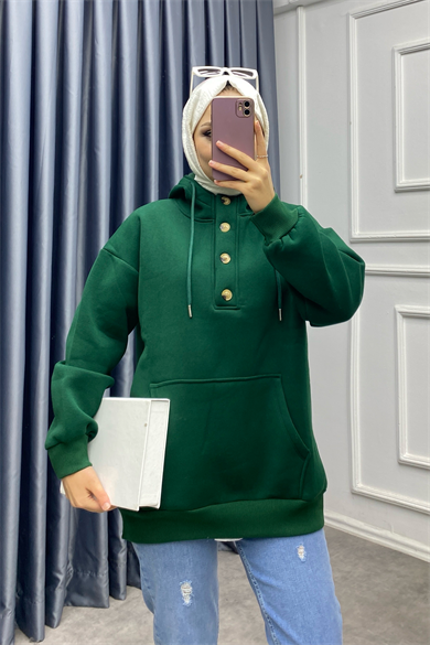 Yakası Düğme Detaylı Üç İplik Sweat Yeşil