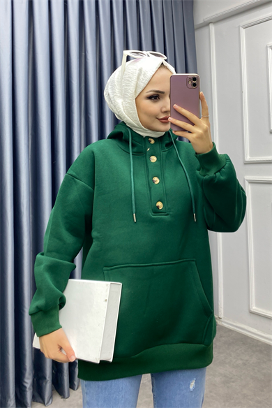 Yakası Düğme Detaylı Üç İplik Sweat Yeşil