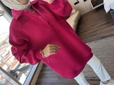 Yakası Düğme Üç İplik Sweat Fuşya