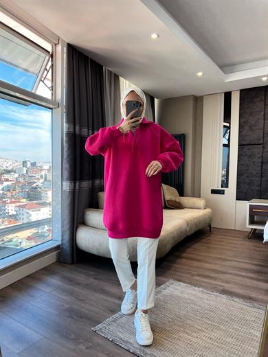 Yakası Düğme Üç İplik Sweat Fuşya