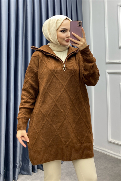 Yakası Fermuarlı Baklava Desen Tunik Kahverengi
