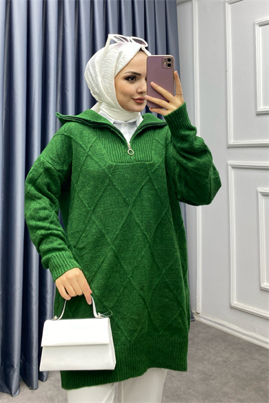 Yakası Fermuarlı Baklava Desen Tunik Yeşil