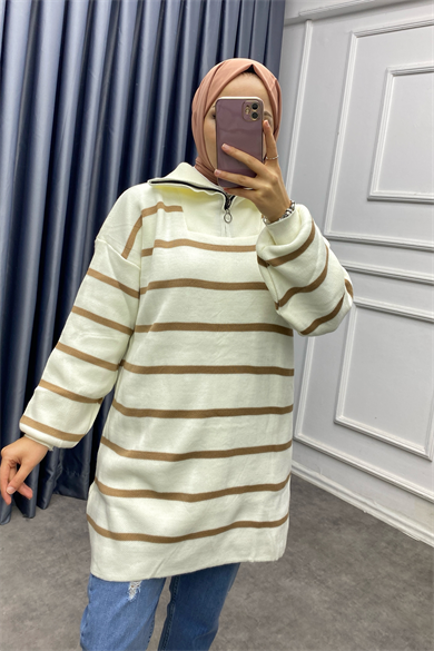Yakası Fermuarlı Camel Çizgili Tunik