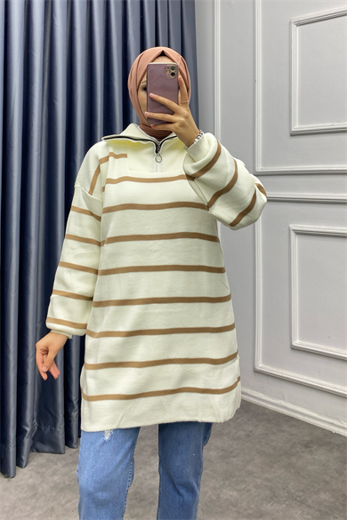 Yakası Fermuarlı Camel Çizgili Tunik
