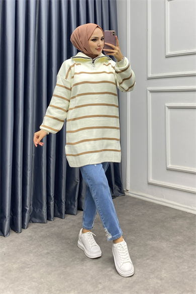 Yakası Fermuarlı Camel Çizgili Tunik