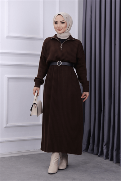 Yakası Fermuarlı Elbise Kahve