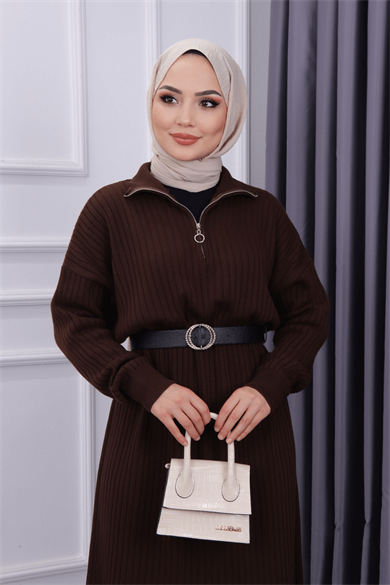Yakası Fermuarlı Elbise Kahve