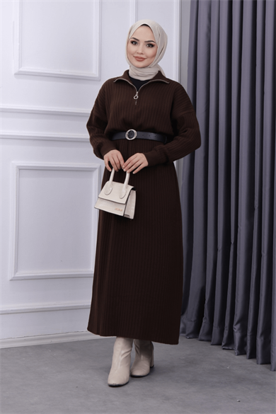 Yakası Fermuarlı Elbise Kahve