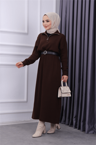 Yakası Fermuarlı Elbise Kahve