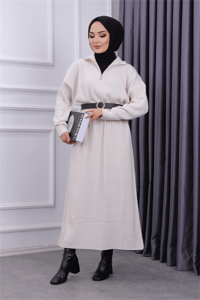 Yakası Fermuarlı Elbise Krem