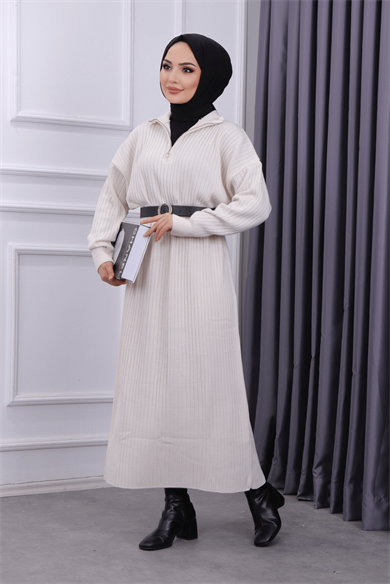 Yakası Fermuarlı Elbise Krem