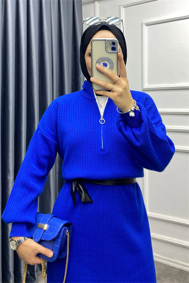 Yakası Fermuarlı Elbise Mavi