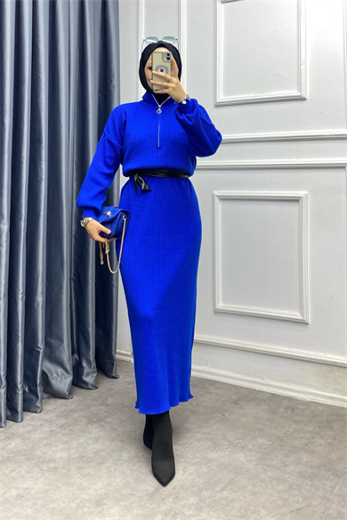 Yakası Fermuarlı Elbise Mavi