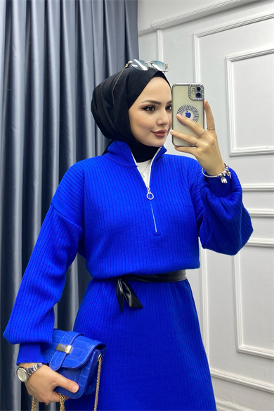 Yakası Fermuarlı Elbise Mavi