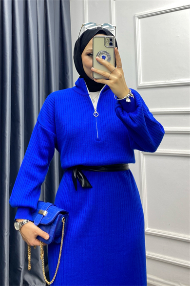 Yakası Fermuarlı Elbise Mavi