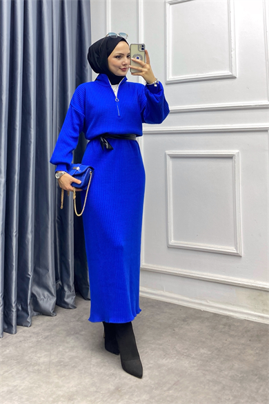 Yakası Fermuarlı Elbise Mavi