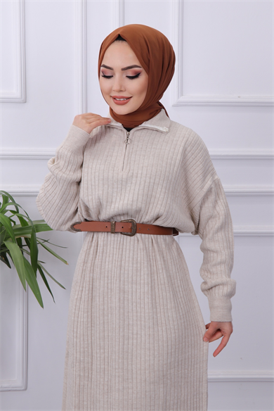 Yakası Fermuarlı Elbise Taş