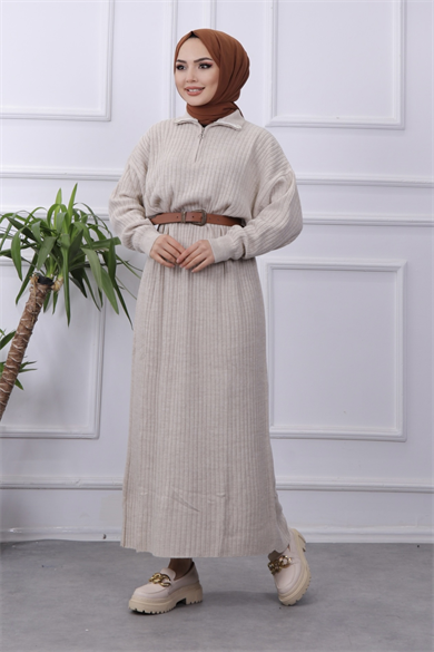 Yakası Fermuarlı Elbise Taş