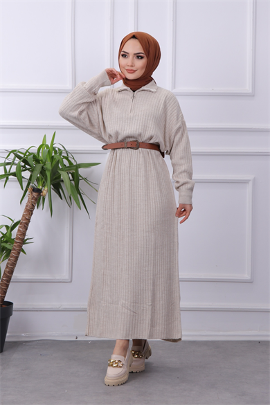 Yakası Fermuarlı Elbise Taş