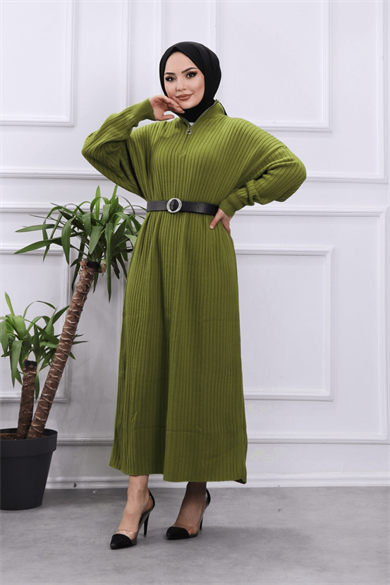 Yakası Fermuarlı Elbise Yeşil