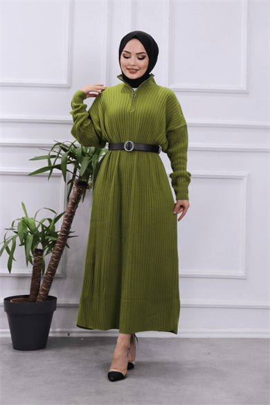 Yakası Fermuarlı Elbise Yeşil