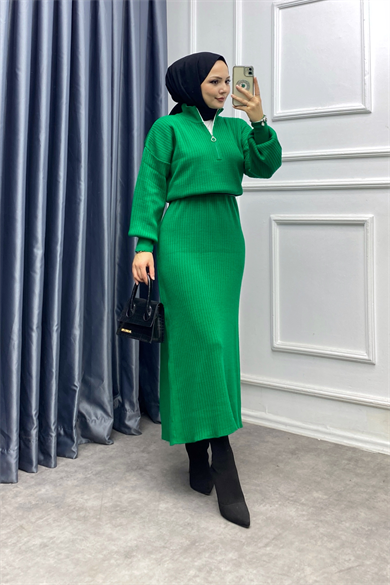 Yakası Fermuarlı Elbise Yeşil