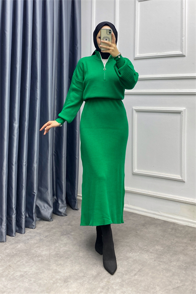 Yakası Fermuarlı Elbise Yeşil