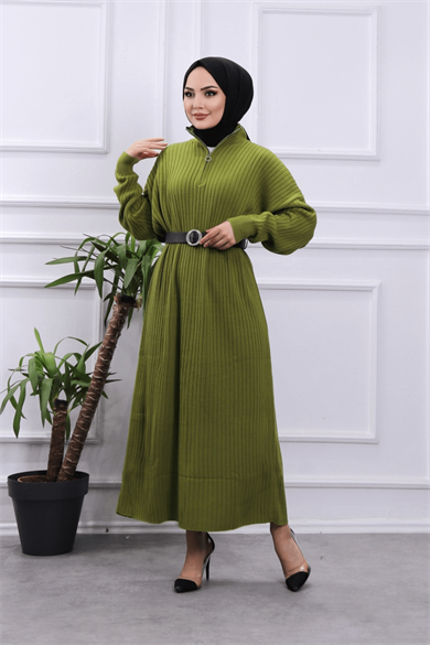 Yakası Fermuarlı Elbise Yeşil