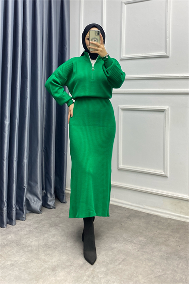 Yakası Fermuarlı Elbise Yeşil