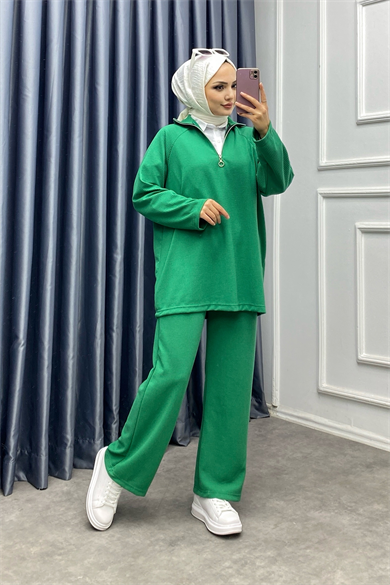 Yakası Fermuarlı İkili Takı Benetton Yeşili