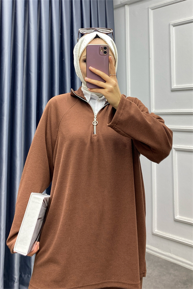 Yakası Fermuarlı İkili Takım Kahverengi