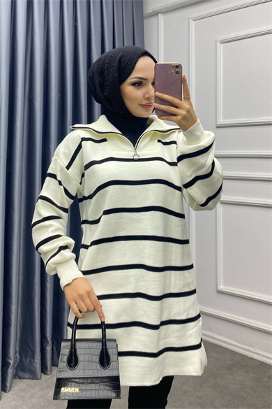 Yakası Fermuarlı Krem Tunik