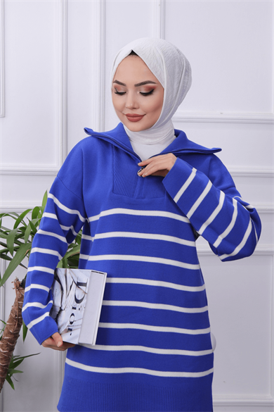 Yakası Fermuarlı Mavi Beyaz Çizgili Tunik