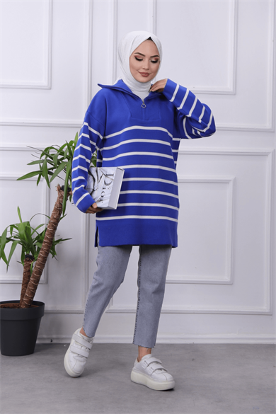Yakası Fermuarlı Mavi Beyaz Çizgili Tunik