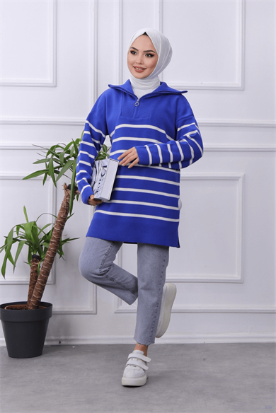 Yakası Fermuarlı Mavi Beyaz Çizgili Tunik
