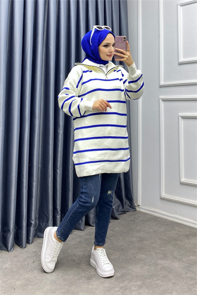 Yakası Fermuarlı Mavi Çizgili Tunik