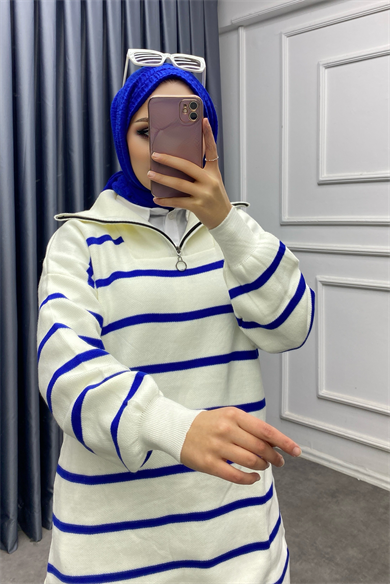 Yakası Fermuarlı Mavi Çizgili Tunik