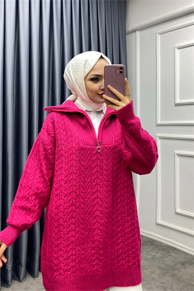 Yakası Fermuarlı Saç Örgü Detay Tunik Fuşya