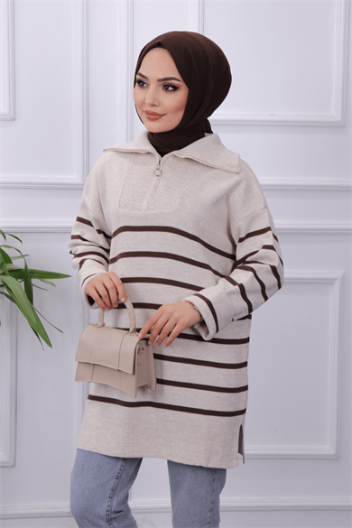 Yakası Fermuarlı Taş Kahve Çizgili Tunik