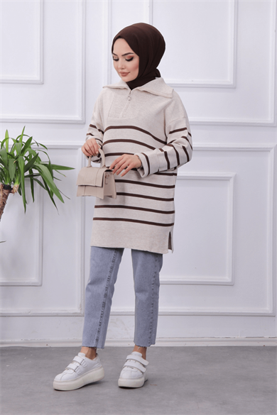 Yakası Fermuarlı Taş Kahve Çizgili Tunik