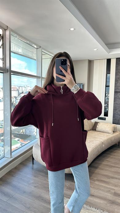 Yakası Fermuarlı Torba Cep Bordo