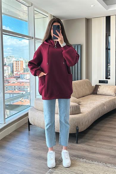Yakası Fermuarlı Torba Cep Bordo