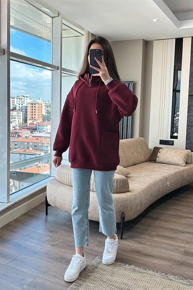 Yakası Fermuarlı Torba Cep Bordo