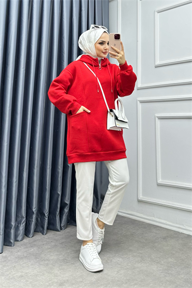 Yakası Fermuarlı Torba Cep Sweat Kırmızıı